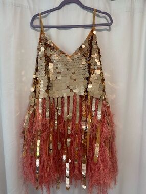 Gold Sequin and Pink Feather Fringe Women's Dress